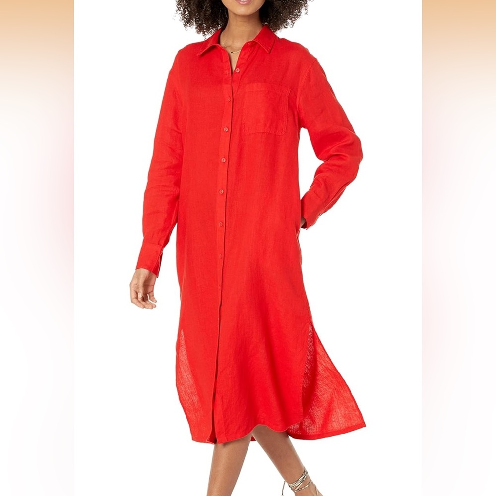The Drop Fiona Relaxed 100% Linen Midi Shirt Dress Size L Flame Red Beachy